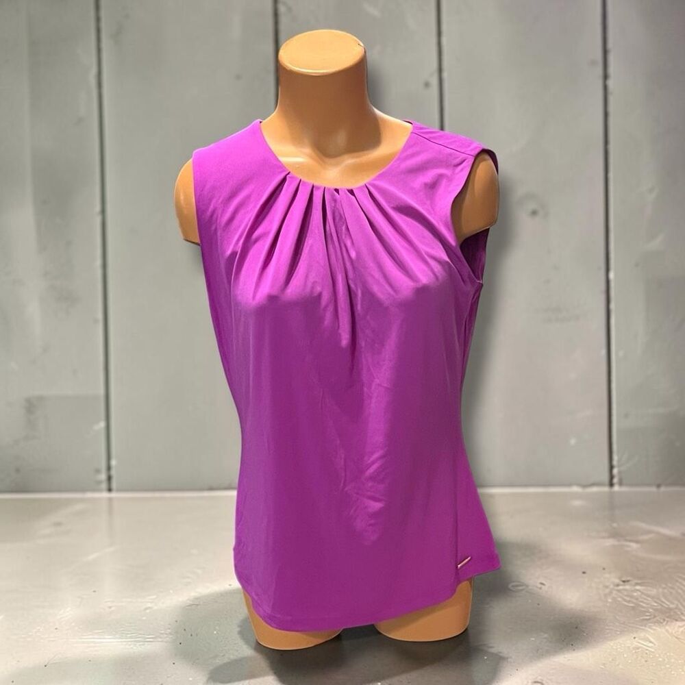 ☑️ Calvin Klein Purple Pleated Neck Sleeveless Blouse Top Size Medium